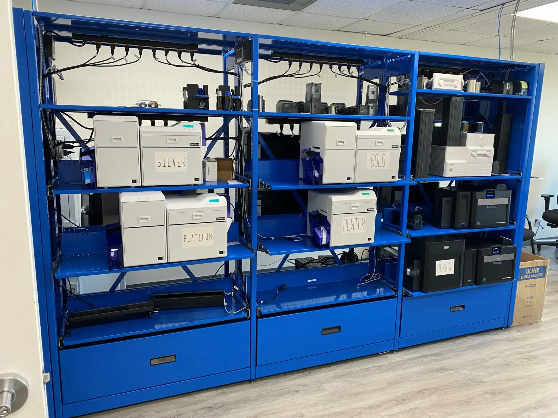 printer rack front employee id badge printer fleet