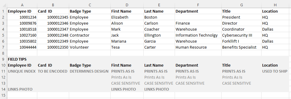 common ID card data import template