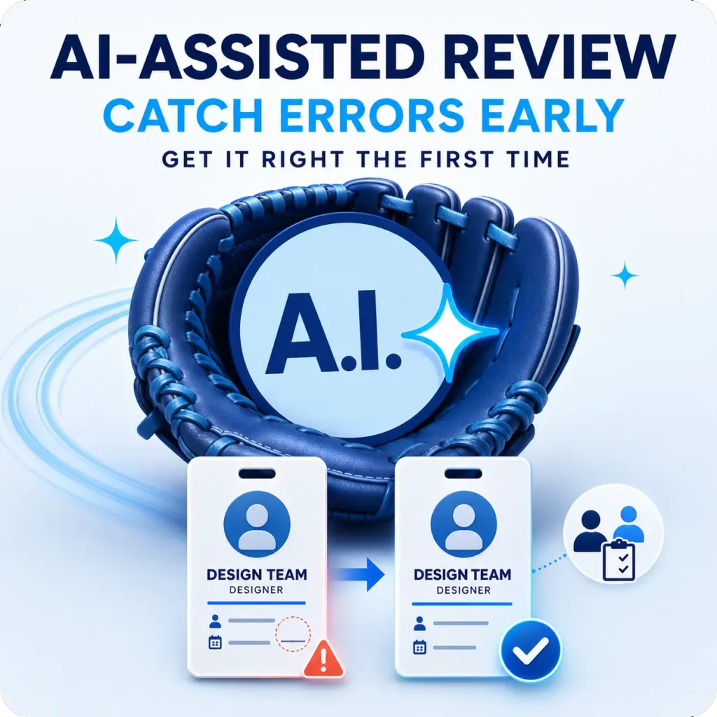 Baseball glove catching an AI symbol to represent catching ID badge design errors early