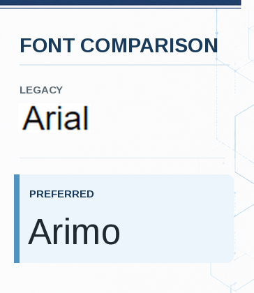 Legacy Arial font compared vertically with preferred Arimo font.