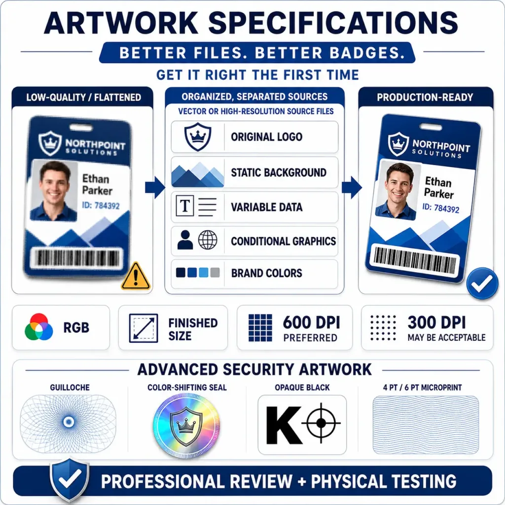 Infographic comparing low-quality flattened badge artwork with organized, production-ready artwork