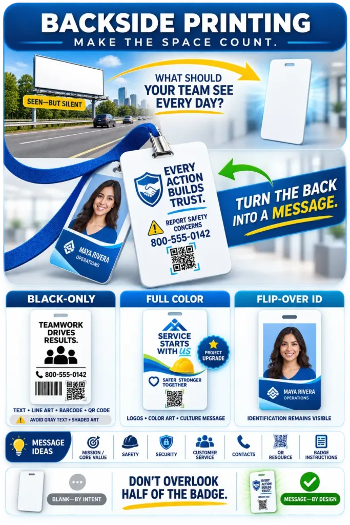 Infographic comparing blank, black-only, full-color, and duplicated-front ID badge backside designs