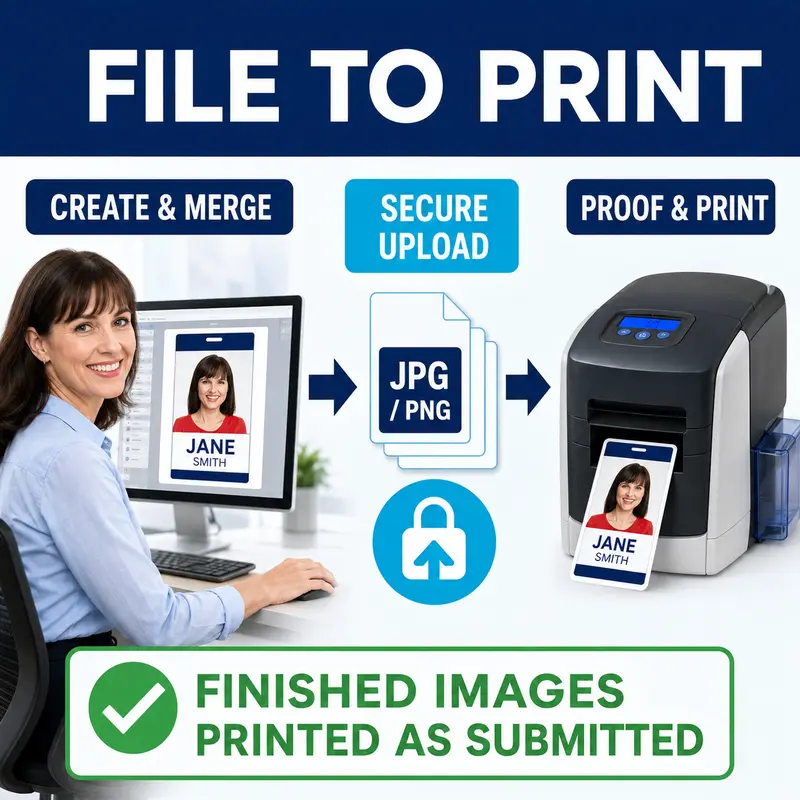 File-to-Print workflow showing a badge manager creating finished PDF or JPG or PNG badge images, securely uploading them, and printing the approved images.