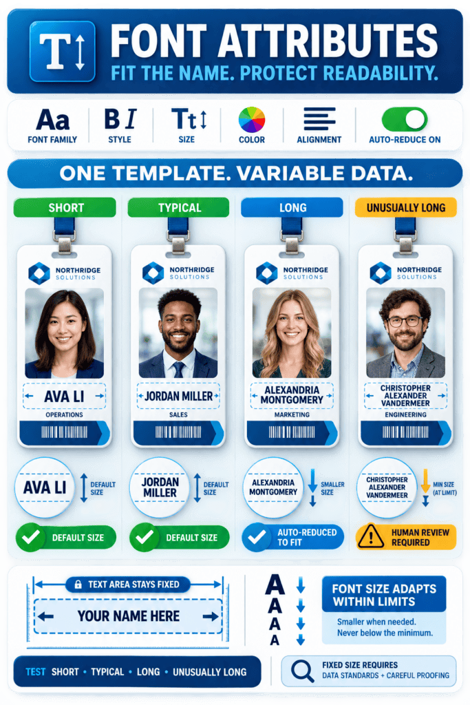 Four ID badges showing automatic font-size reduction for names of different lengths