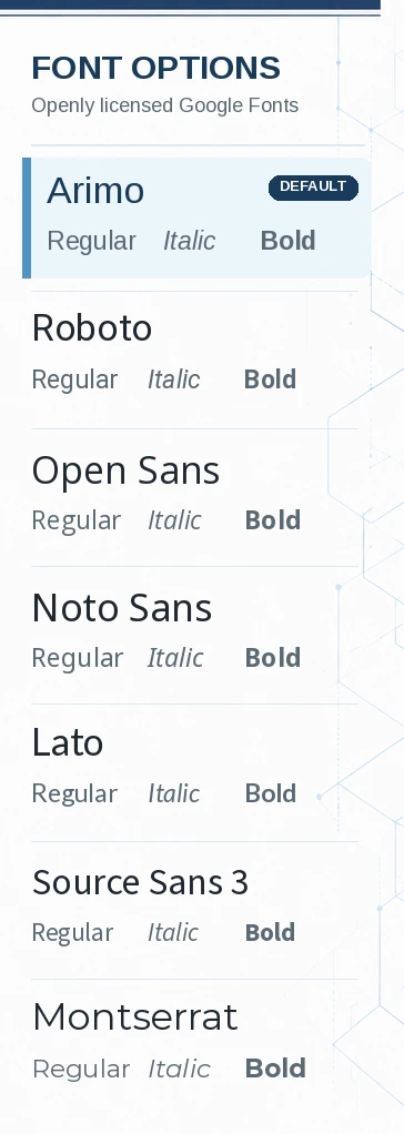 Candidate Veonics Portal fonts shown in Regular, Italic, and Bold styles: Arimo, Roboto, Open Sans, Noto Sans, Lato, Source Sans 3, and Montserrat.