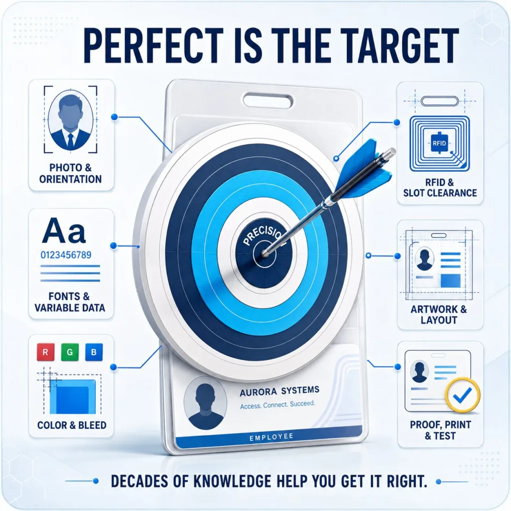 ID badge design target surrounded by photo, font, color, RFID, artwork, and proofing considerations