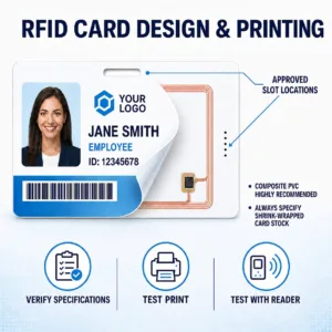 RFID badge showing an offset antenna and approved long- and short-edge slot locations