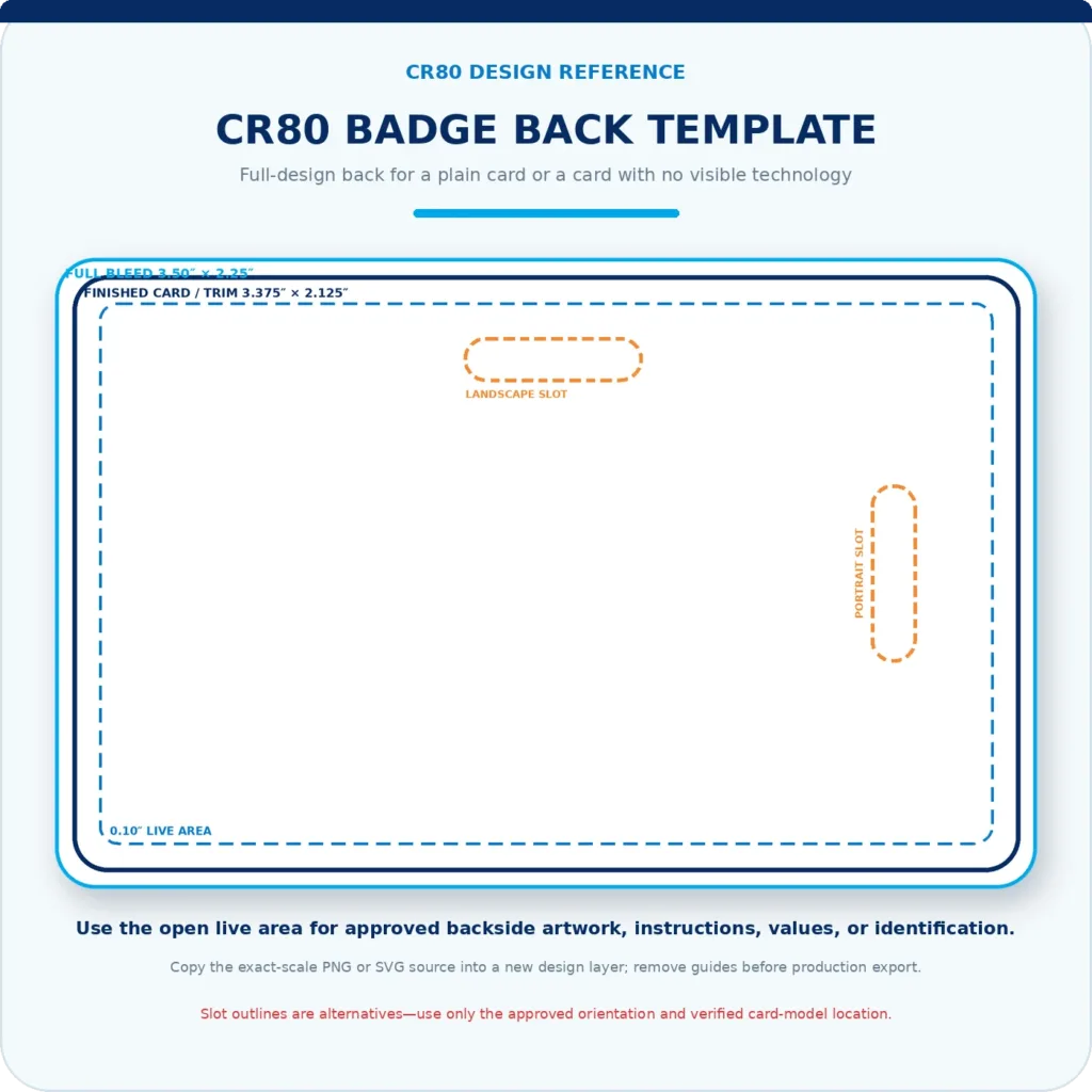 Landscape photo ID badge back with organization values, return information, and top and right slot guides, for a plain card or a card with no visible technology.