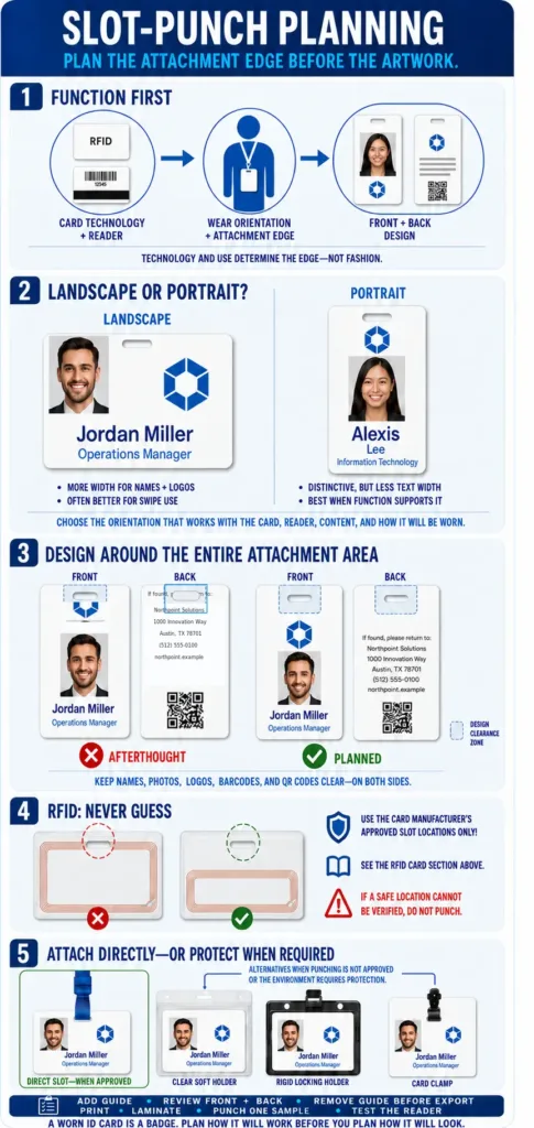 ID badge slot-punch planning infographic comparing landscape and portrait designs, slot clearance, RFID precautions, and attachment options