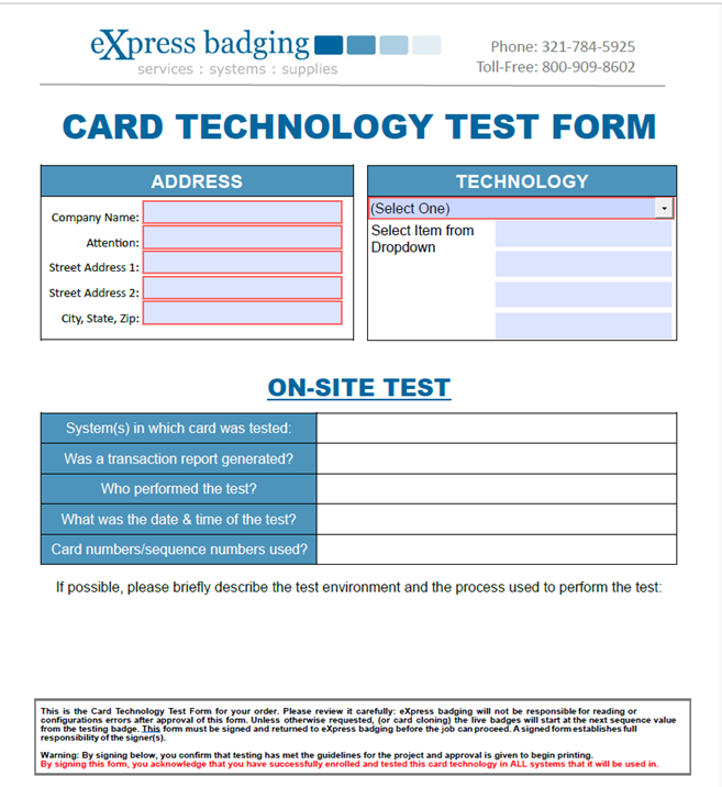 eXpress badging® Card Technology Test Form for documenting ID badge reader-system testing and approval