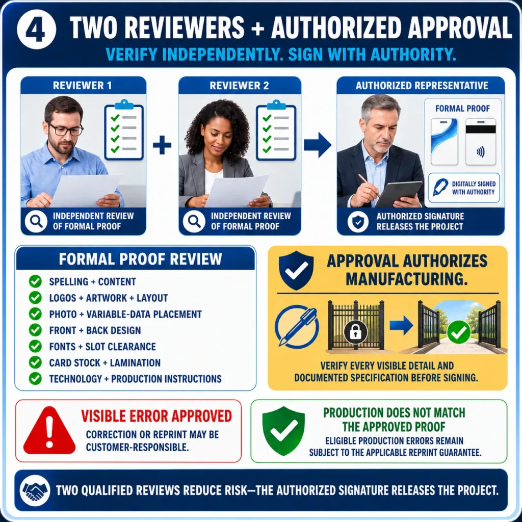 Two independent reviewers examine a formal ID badge proof before an authorized representative signs and releases the project for manufacturing.