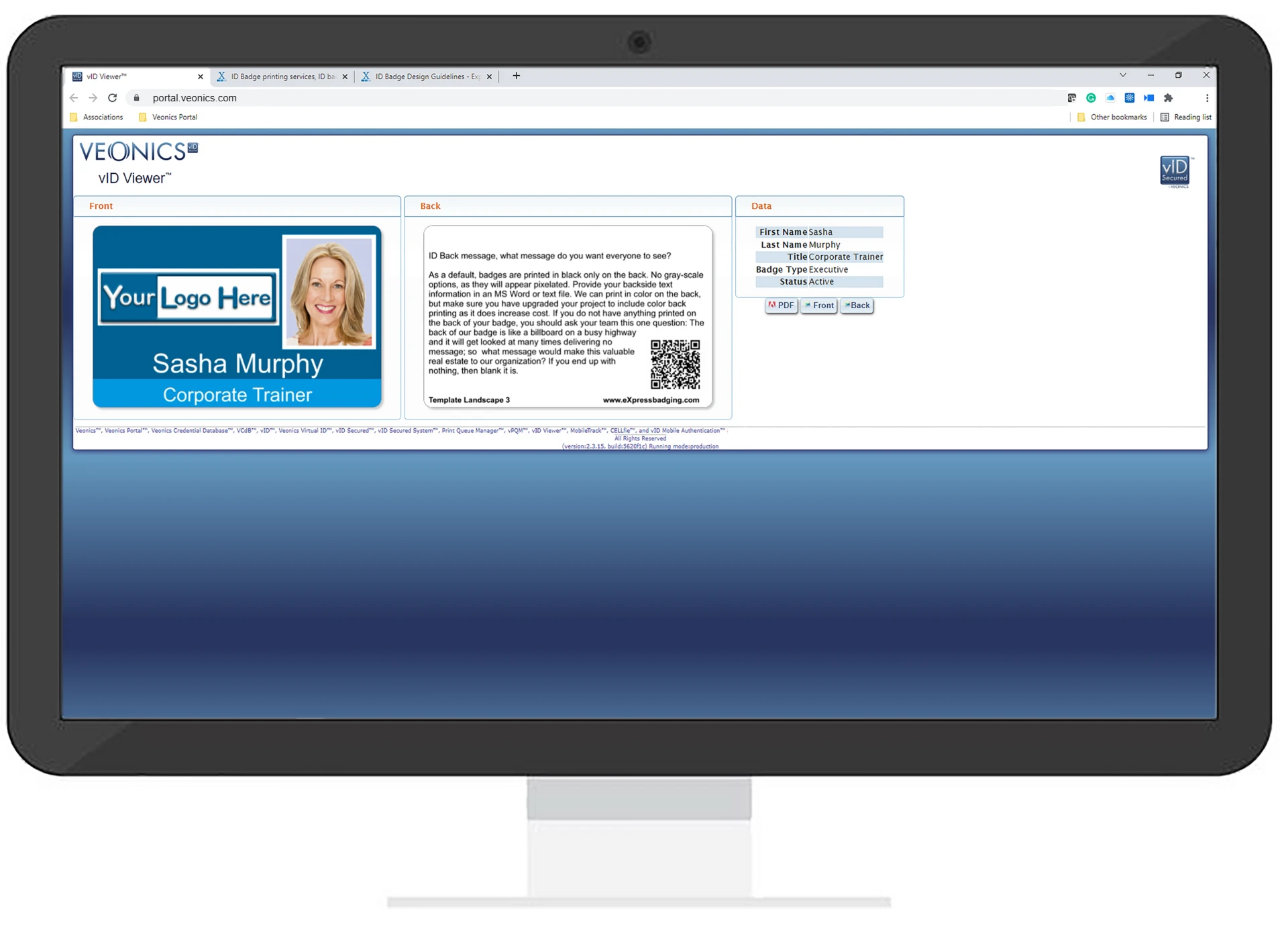 Veonics Virtual ID desktop viewer (address bar masked) Veonics Virtual ID shown in the vID Viewer on a desktop monitor, with front, back, and record data panels