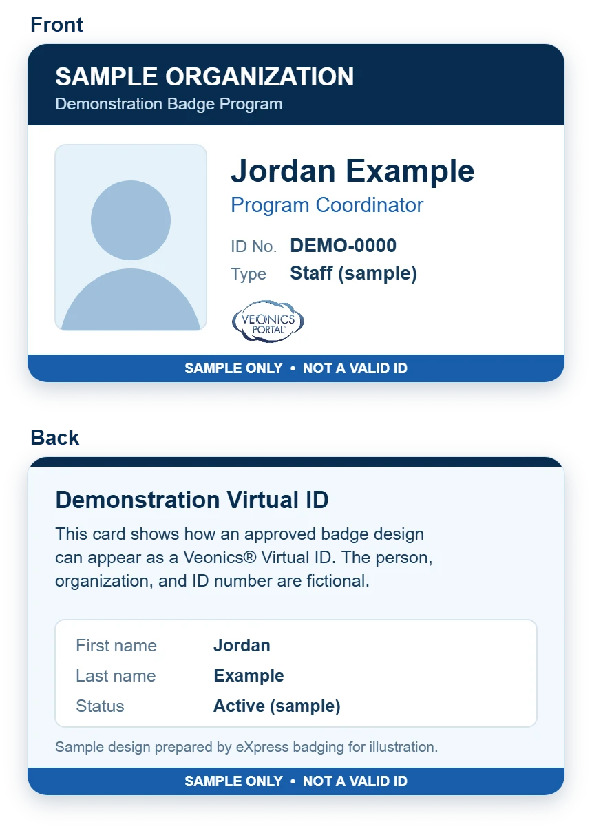 Veonics Virtual ID fictional demo card (front and back) Fictional sample Virtual ID for Jordan Example at Sample Organization, front and back, marked sample only and not a valid ID